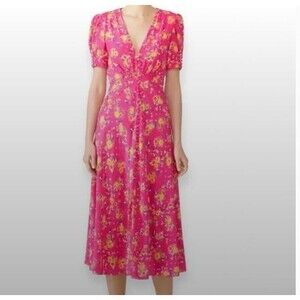 Saloni 'Lea' Floral Button-Front Midi Dress Pink Silk Women's US 0 XS